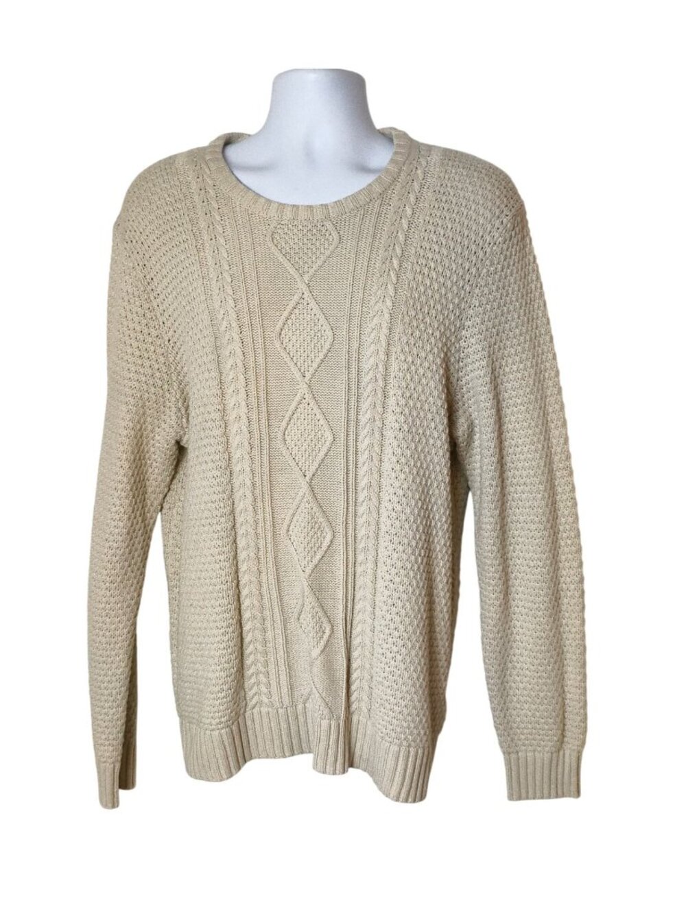 Old Navy Mens XL Cable Knit Sweater Beige Cotton Crew Preppy Versatile Romantic